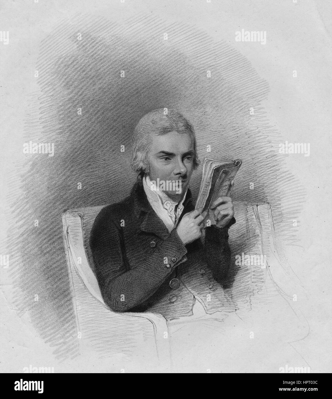 A chest up sitting portrait of William Wilberforce, a member of the parliament for the county of York, reading a book, 1809. From the New York Public Library. Stock Photo