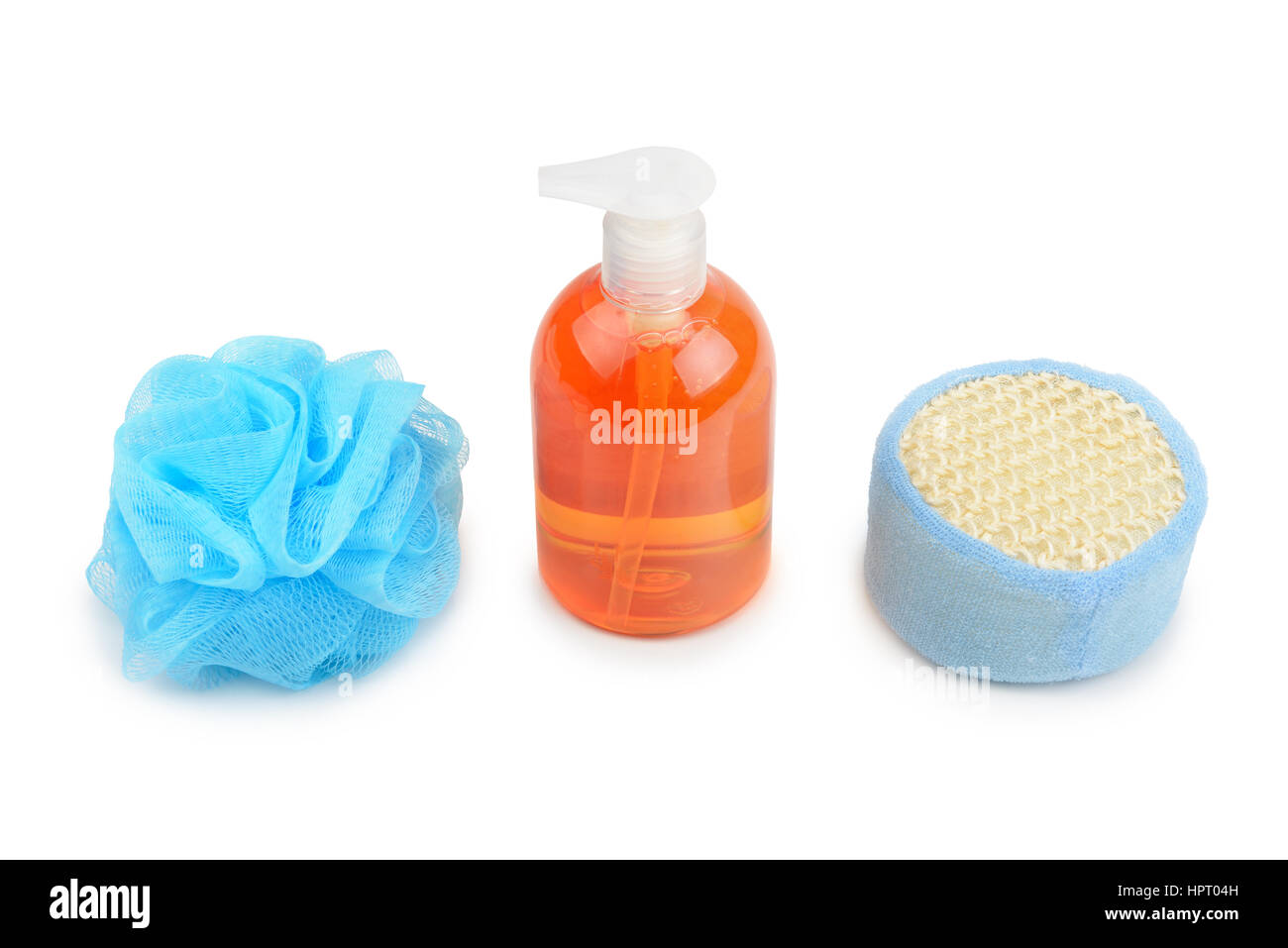 shampoo and sponge isolated on white background Stock Photo