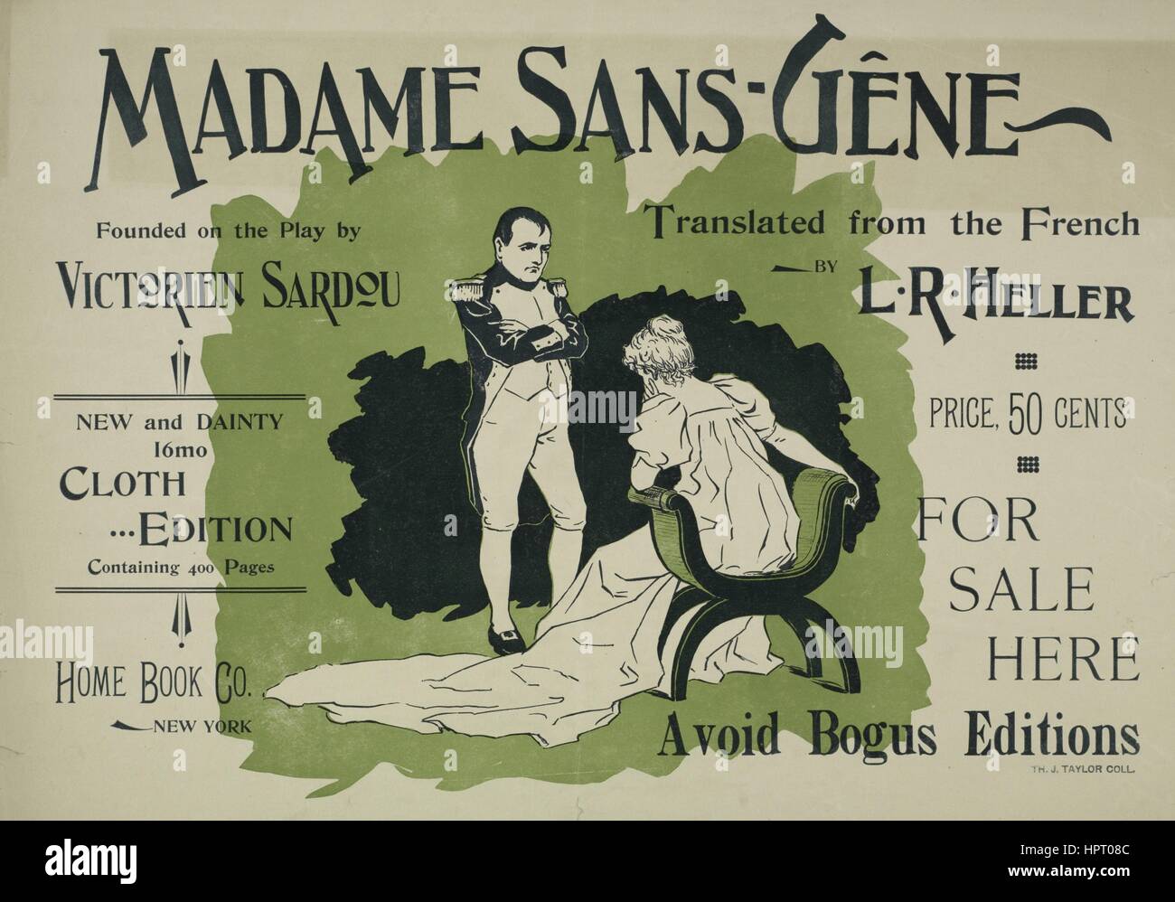 Poster advertisement for a book titled Madame Sans-Gene which was founded on the play by Victorien Sardou by L R Heller which depicts a man standing in front of a woman sitting in a chair, 1903. From the New York Public Library. Stock Photo