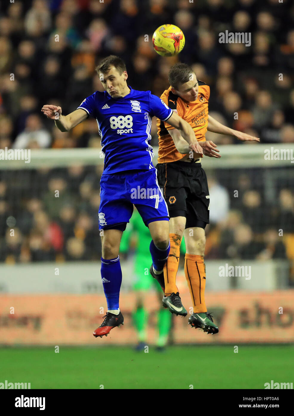 Birmingham City's Robert Tesche (left) and Wolverhampton Wanderers' Jon Dadi Bodvarsson battle for the bal during the Sky Bet Championship match at Molineux, Wolverhampton. Stock Photo