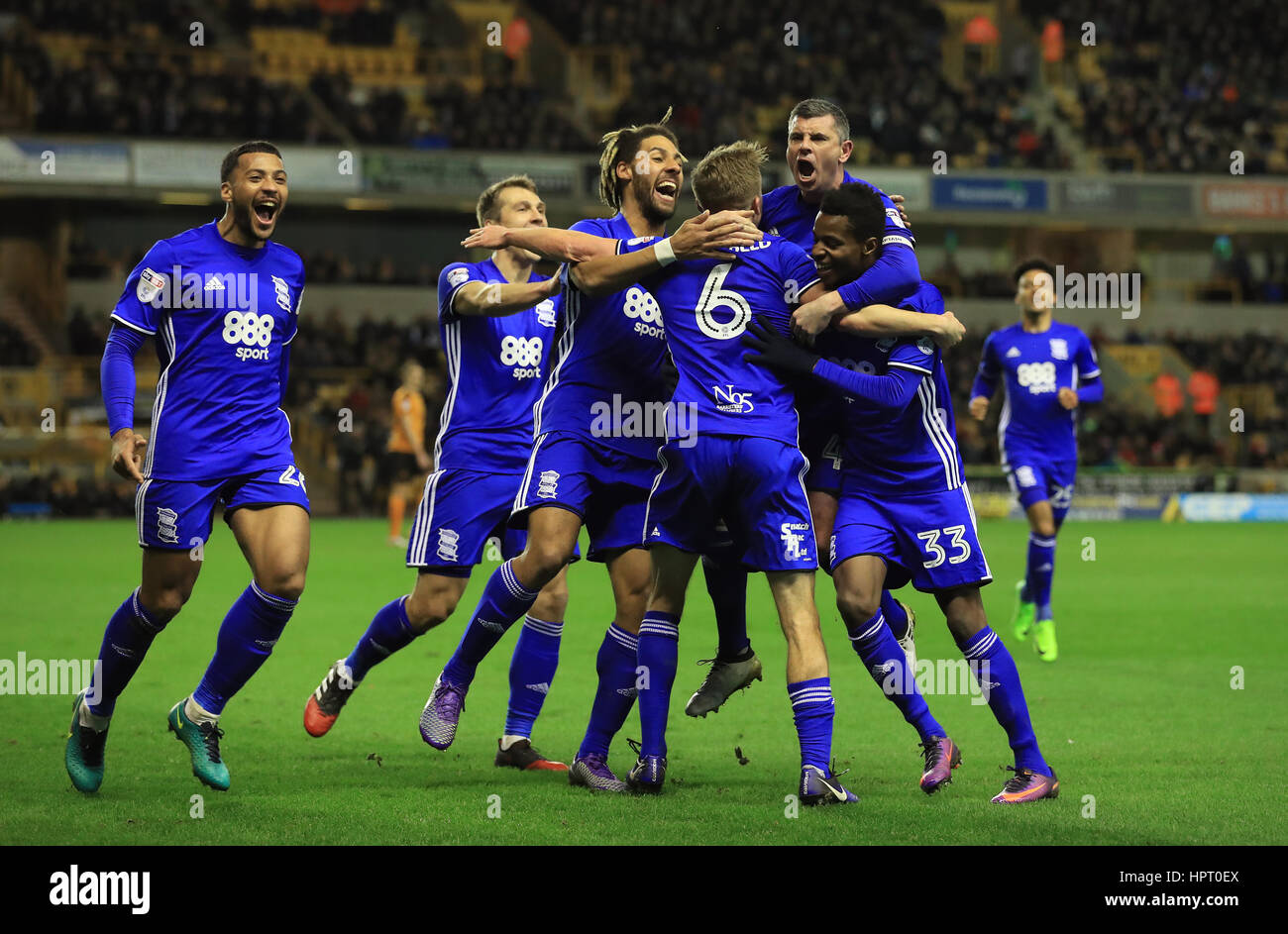 Birmingham City's Maikel Kieftenbeld (6) celebrates with his team-mates after scoring his side's first goal during the Sky Bet Championship match at Molineux, Wolverhampton. Stock Photo