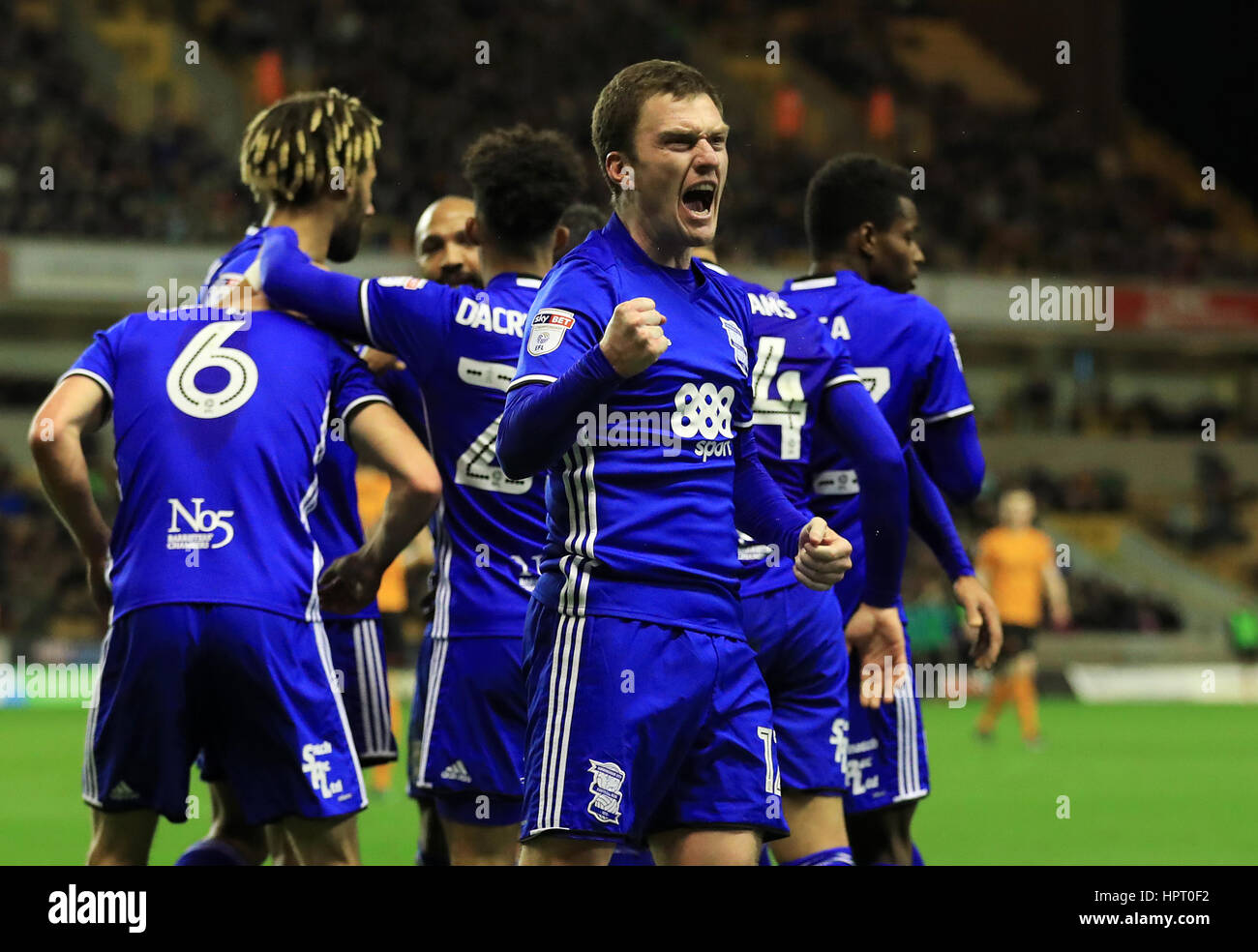 Birmingham City's Craig Gardner celebrates his side's first goal during the Sky Bet Championship match at Molineux, Wolverhampton. Stock Photo