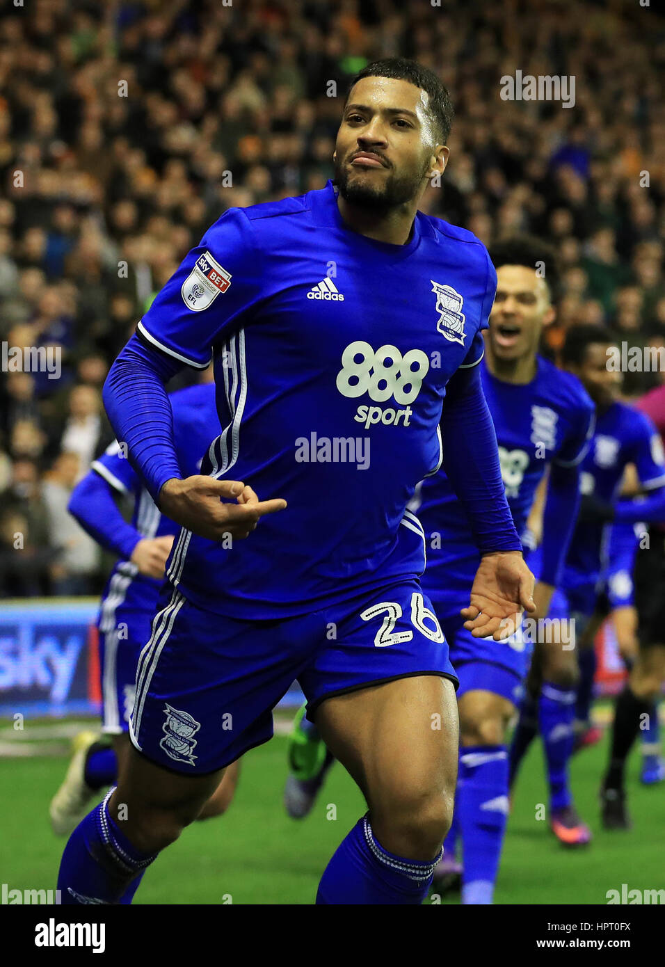 Birmingham City's David Davis celebrates scoring his side's second goal during the Sky Bet Championship match at Molineux, Wolverhampton. Stock Photo