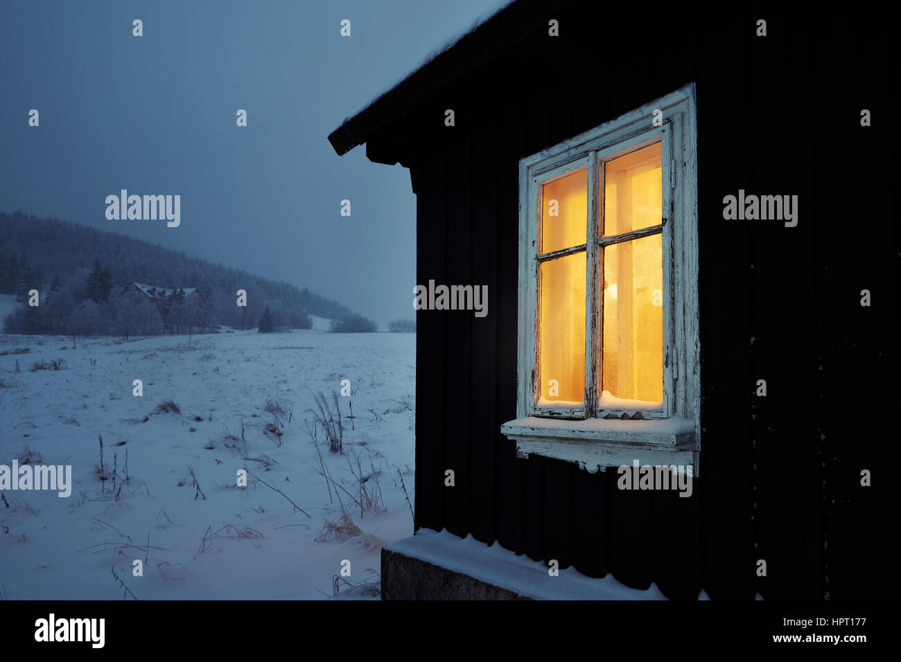 Night in mountains - wooden house in winter landscape Stock Photo - Alamy