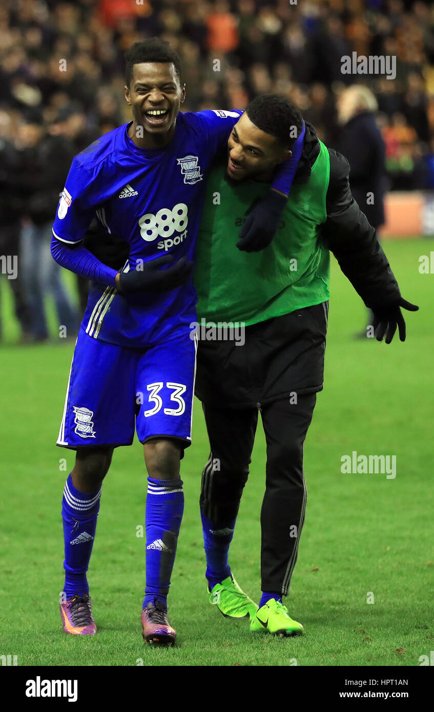 Birmingham City's Cheick Keita (left) celebrates with team-mate Jerome Sinclair after the Sky Bet Championship match at Molineux, Wolverhampton. Stock Photo