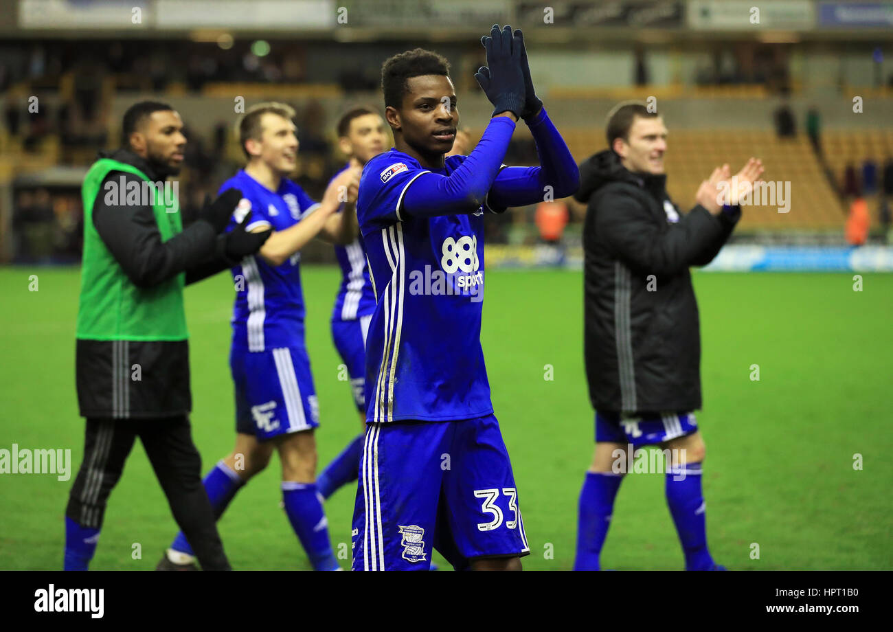 Birmingham City's Cheick Keita celebrates after the Sky Bet Championship match at Molineux, Wolverhampton. PRESS ASSOCIATION Photo. Picture date: Friday February 24, 2017. See PA story SOCCER Wolves. Photo credit should read: Tim Goode/PA Wire. RESTRICTIONS: EDITORIAL USE ONLY No use with unauthorised audio, video, data, fixture lists, club/league logos or 'live' services. Online in-match use limited to 75 images, no video emulation. No use in betting, games or single club/league/player publications. Stock Photo