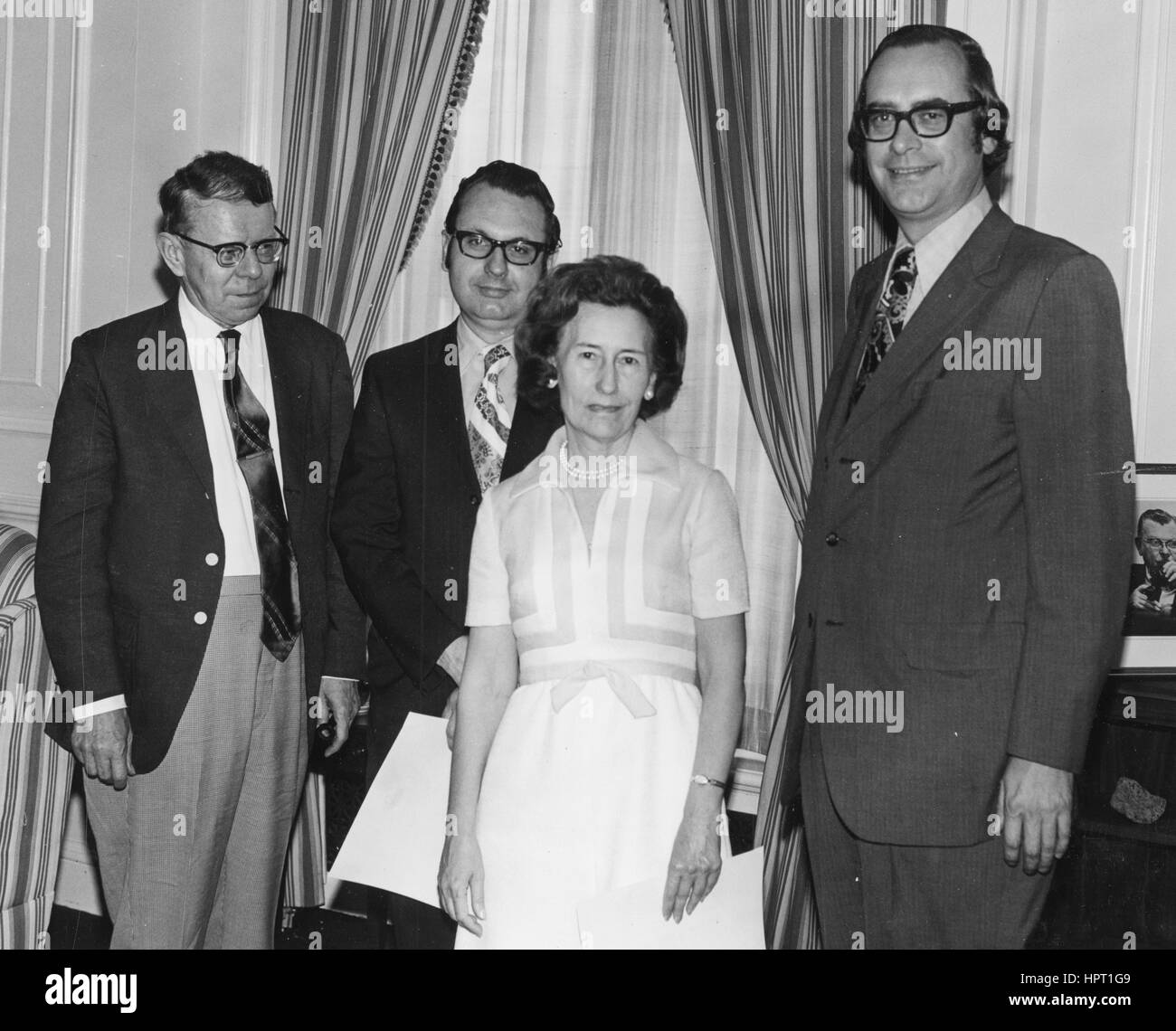 (Left to right): Historians Dr. Edward G. Campbell, Robert M. Kvasnicka, and Jane F. Smith stand with Archivist James B. Rhoads during the Commendable Service Award Ceremony, July 7, 1972. Stock Photo