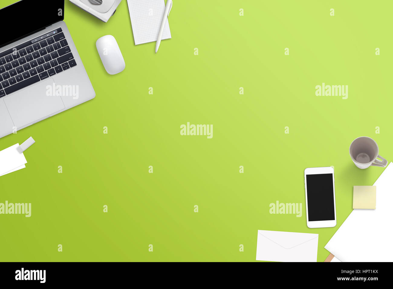 Office Accessories On Green Desk Free Space For Text Laptop
