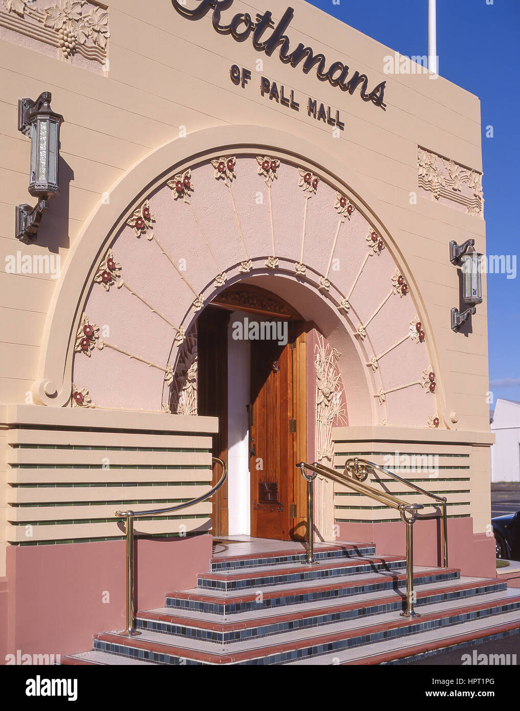 national tobacco building napier Entrance to National Tobacco Art Deco Building, Napier, Hawke's Bay Region,  North Island, New Zealand Stock Photo