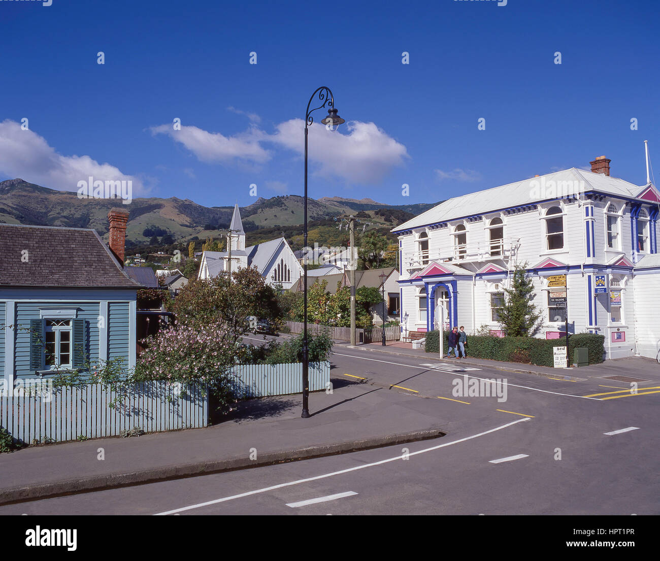 Rue Balguerie, Akaroa, Banks Peninsula, Canterbury Region, New Zealand Stock Photo