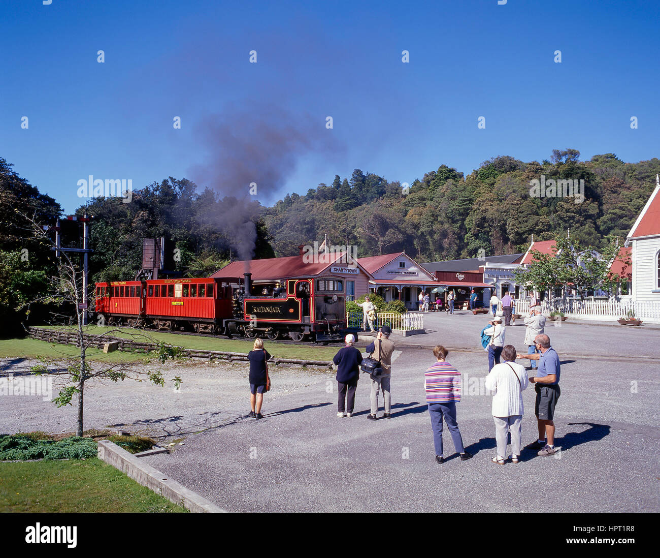 'Kaitangata' steam train at 19th century gold-mining town, Shantytown, Greymouth, West Coast Region, South Island, New Zealand Stock Photo