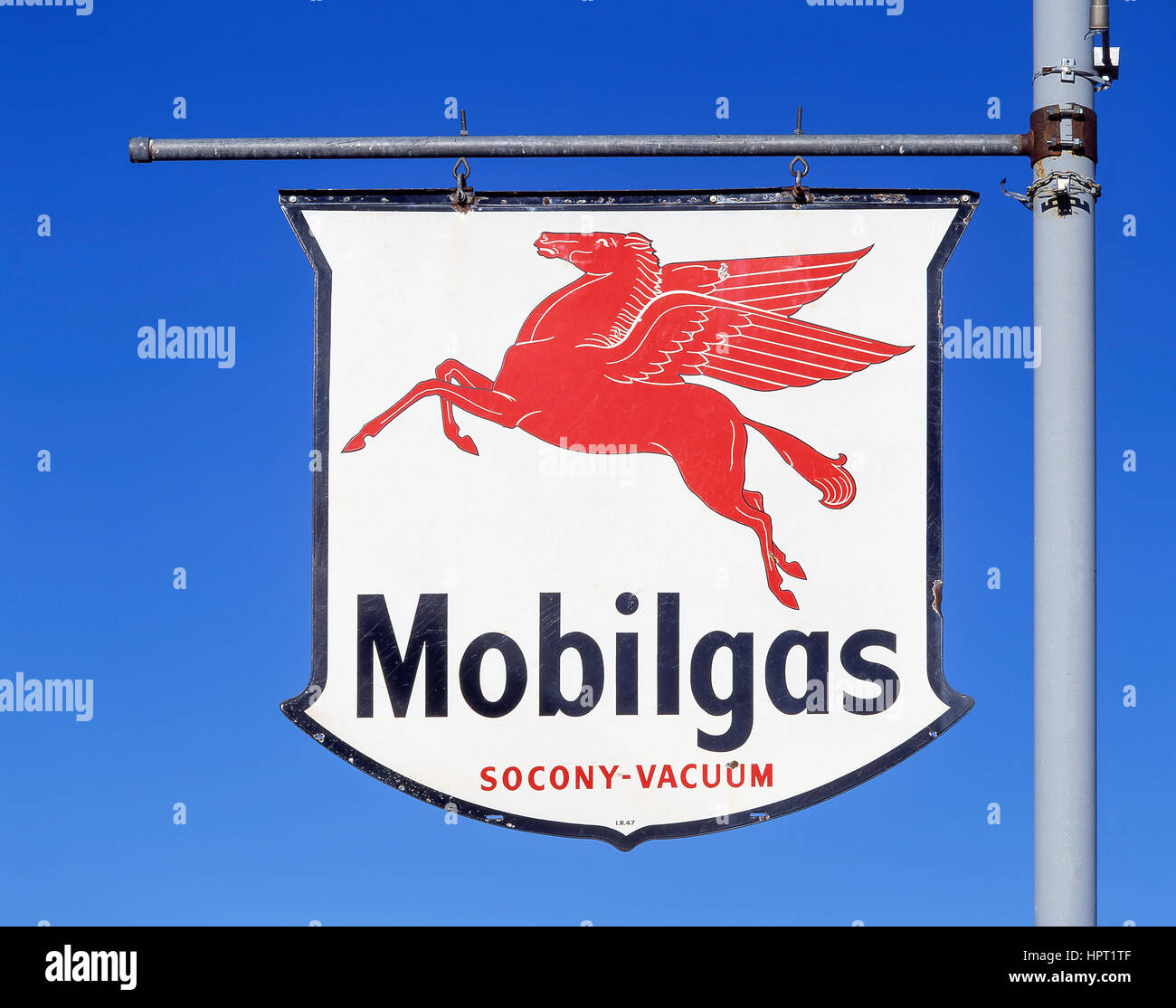 Retro 'Mobilgas' gas station sign on U.S. Route 66, California, United States of America Stock Photo