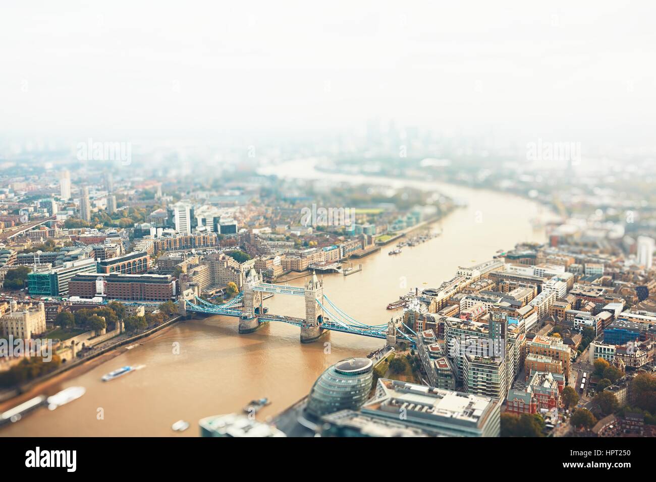 London skyline with Tower bridge, The United Kingdom of Great Britain and Northern Ireland - tilt shift Stock Photo