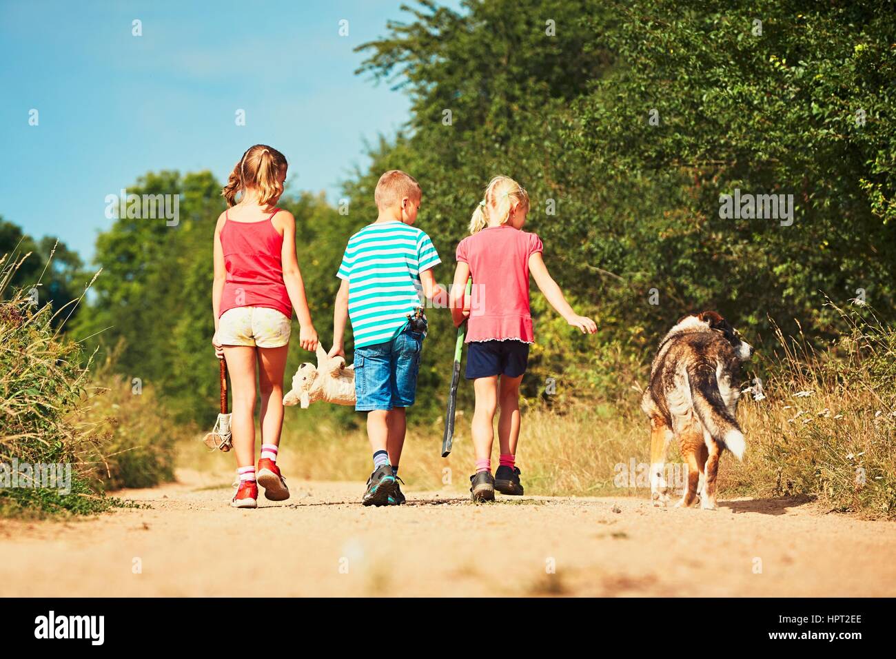 Siblings with dog in nature. Two girls and one boy holding toys and going to play. Stock Photo