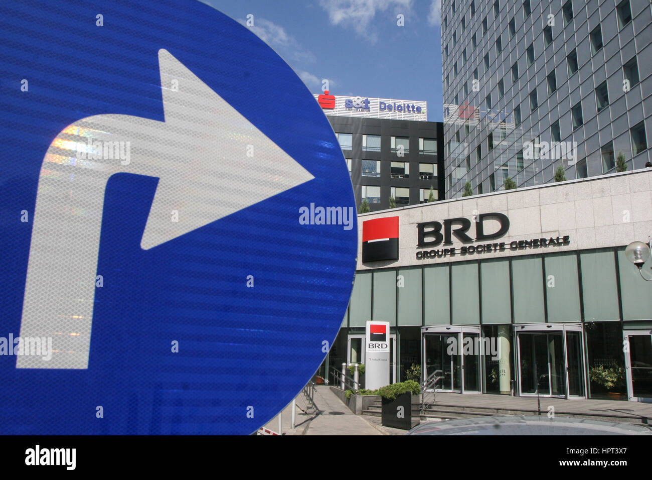 Bucharest, Romania, July 20, 2009. BRD Groupe Societe Generale (GSG) logo and firm is displayed at the company's headquarters, in Bucharest, Romania. Stock Photo