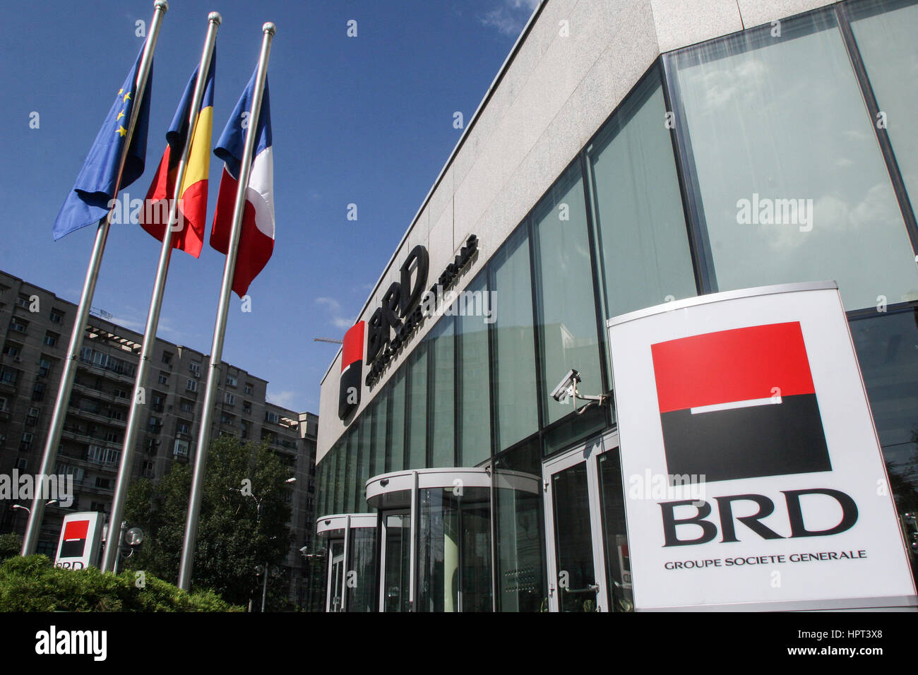 Bucharest, Romania, July 20, 2009. BRD Groupe Societe Generale (GSG) logo and firm is displayed at the company's headquarters, in Bucharest, Romania. Stock Photo