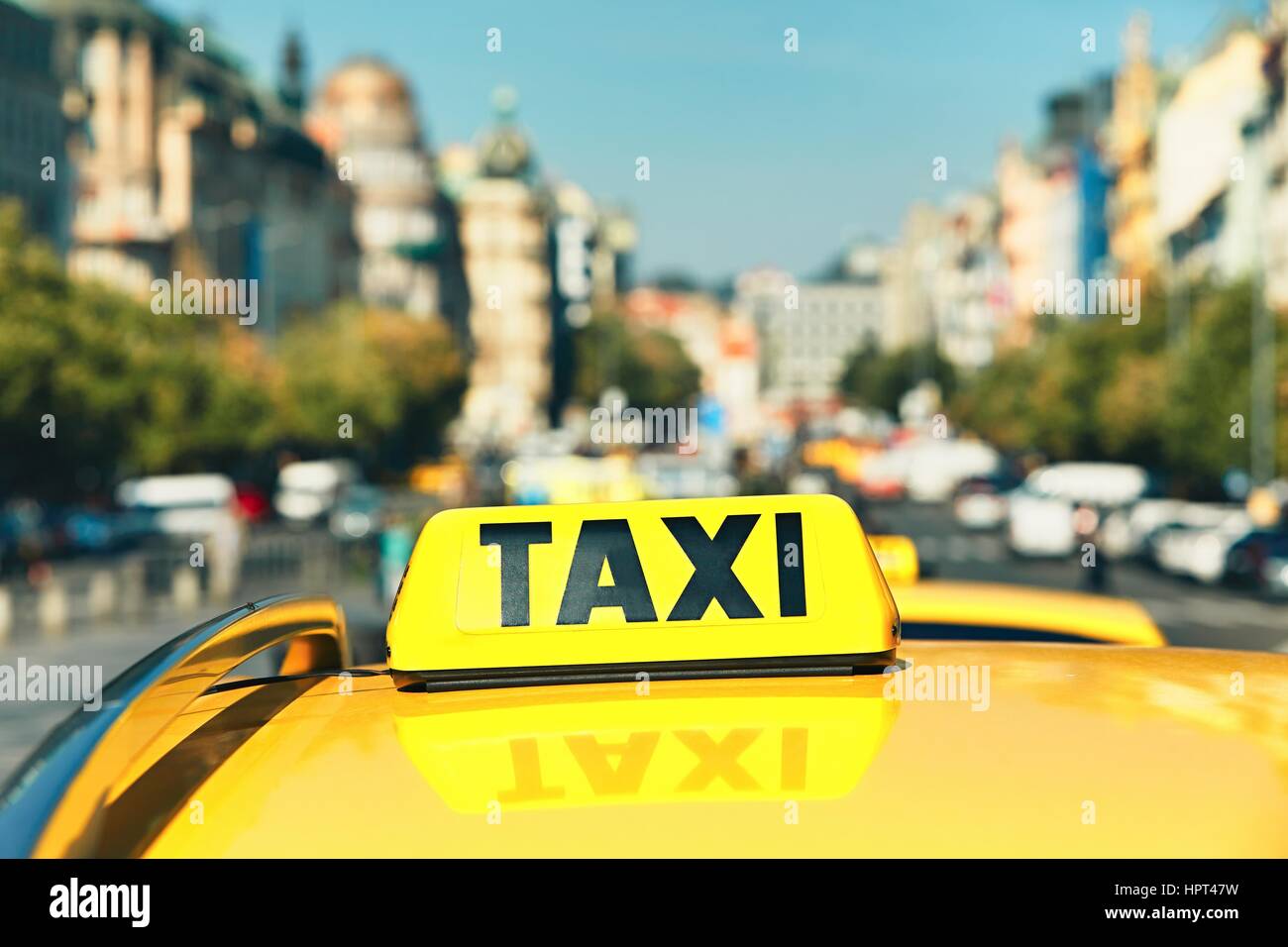 The taxi car waiting for customers. Wenceslas Square in Prague, Czech Republic. Stock Photo