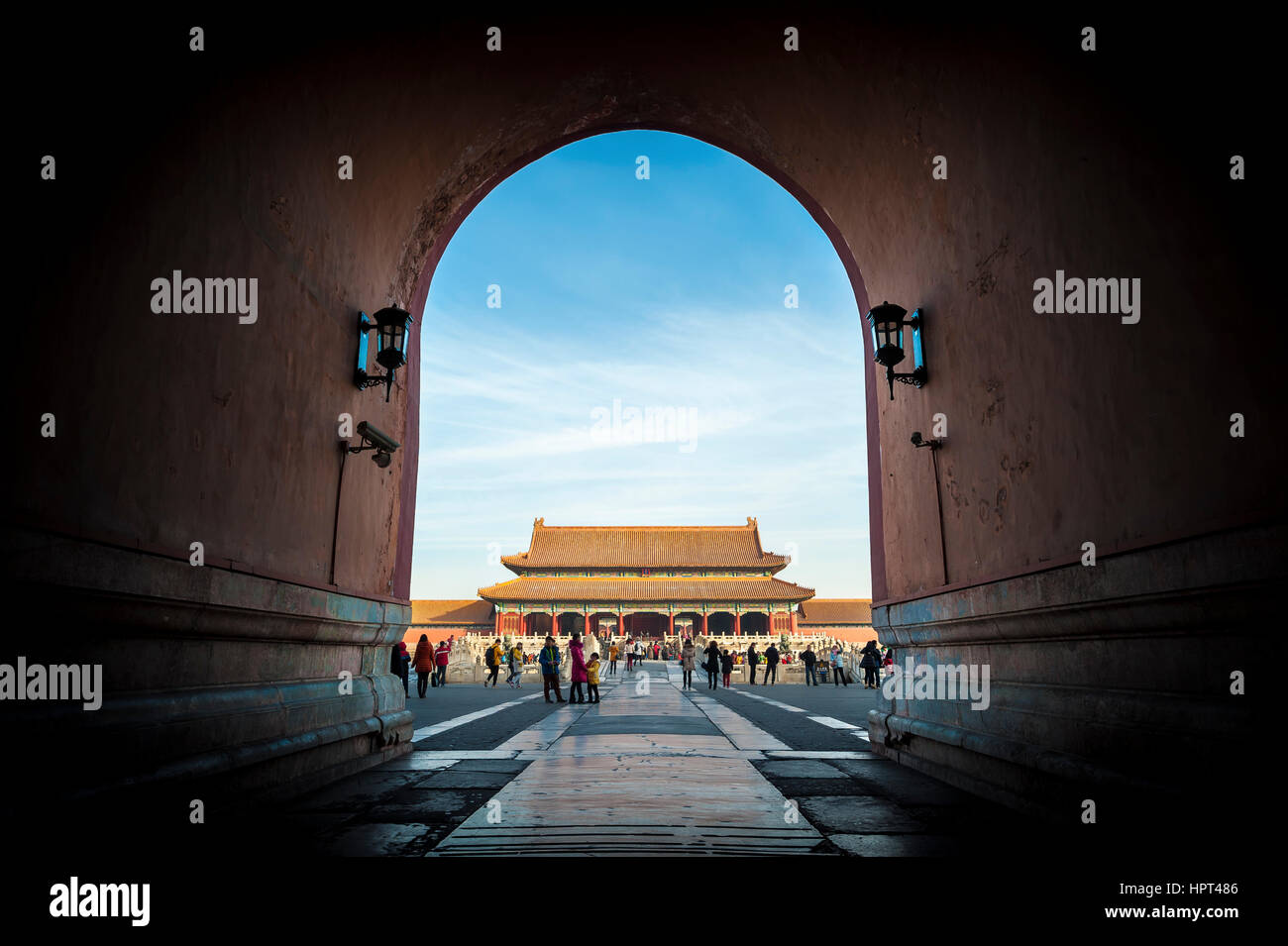View of the Gate of Supreme Harmony from beneath the Meridian Gate at the Forbidden City, Beijing Stock Photo