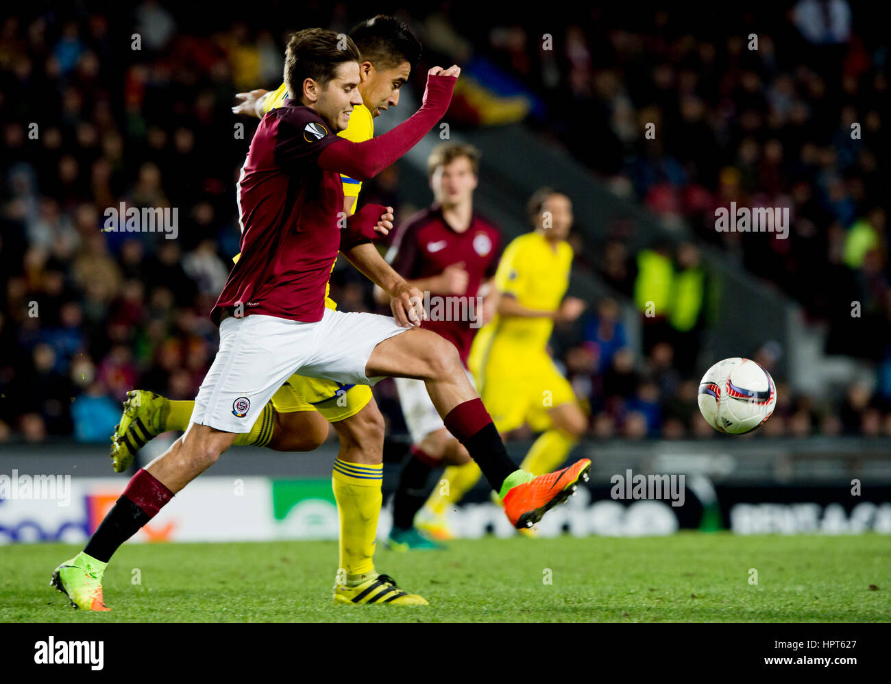 Prague, Czech Republic. 23rd Feb, 2017. Sparta's Ales Cermak, left, and Christian Noboa of Rostov in action during the Europa League round of 32 play off soccer match between AC Sparta Praha and FK Rostov in Prague, Czech Republic, on Thursday, February 23, 2017. Credit: Vit Simanek/CTK Photo/Alamy Live News Stock Photo