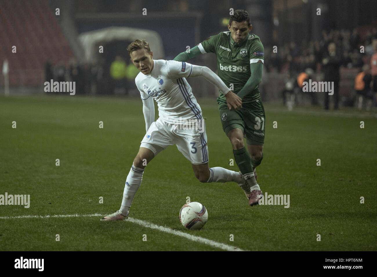 Copenhagen, Denmark. 23rd Feb, 2017. Ludwig Augustinsson (3) of FC Copenhagen marks the ball in front of Joao Paulo (37) during the Europa League round of 32 match between FC Copenhagen and Ludogorets Razgrad at Telia Parken. Credit: Gonzales Photo/Alamy Live News Stock Photo