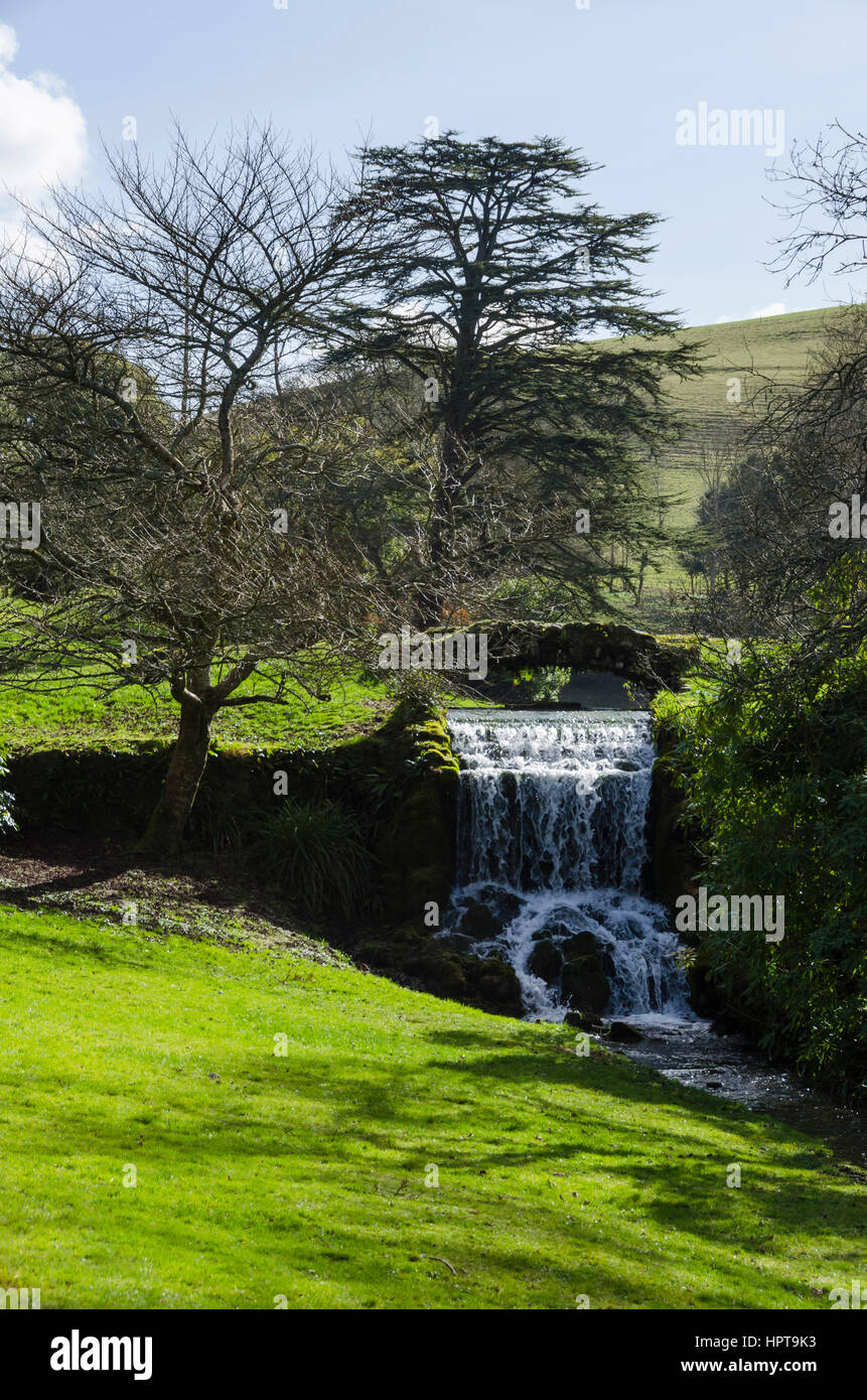 Littlebredy, Dorset, UK. 24th Feb, 2017. UK Weather. Glorious afternoon sunshine at Bridehead House Garden waterfall at Littlebredy in Dorset. Bridehead House Gardens at Littlebredy is the fictional location of Axehampton House which features in series 3 of the ITV hit series Broadchurch which returns to our screens on Monday 27th February. Credit: Graham Hunt/Alamy Live News Stock Photo