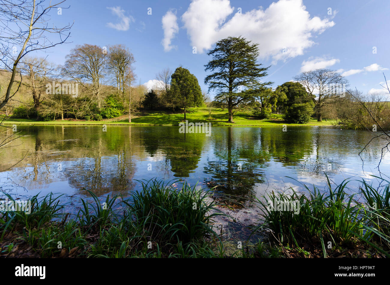 Littlebredy, Dorset, UK. 24th Feb, 2017. UK Weather. Glorious afternoon sunshine at the lake at Bridehead House Garden at Littlebredy in Dorset. Bridehead House Gardens at Littlebredy is the fictional location of Axehampton House which features in series 3 of the ITV hit series Broadchurch which returns to our screens on Monday 27th February. Credit: Graham Hunt/Alamy Live News Stock Photo