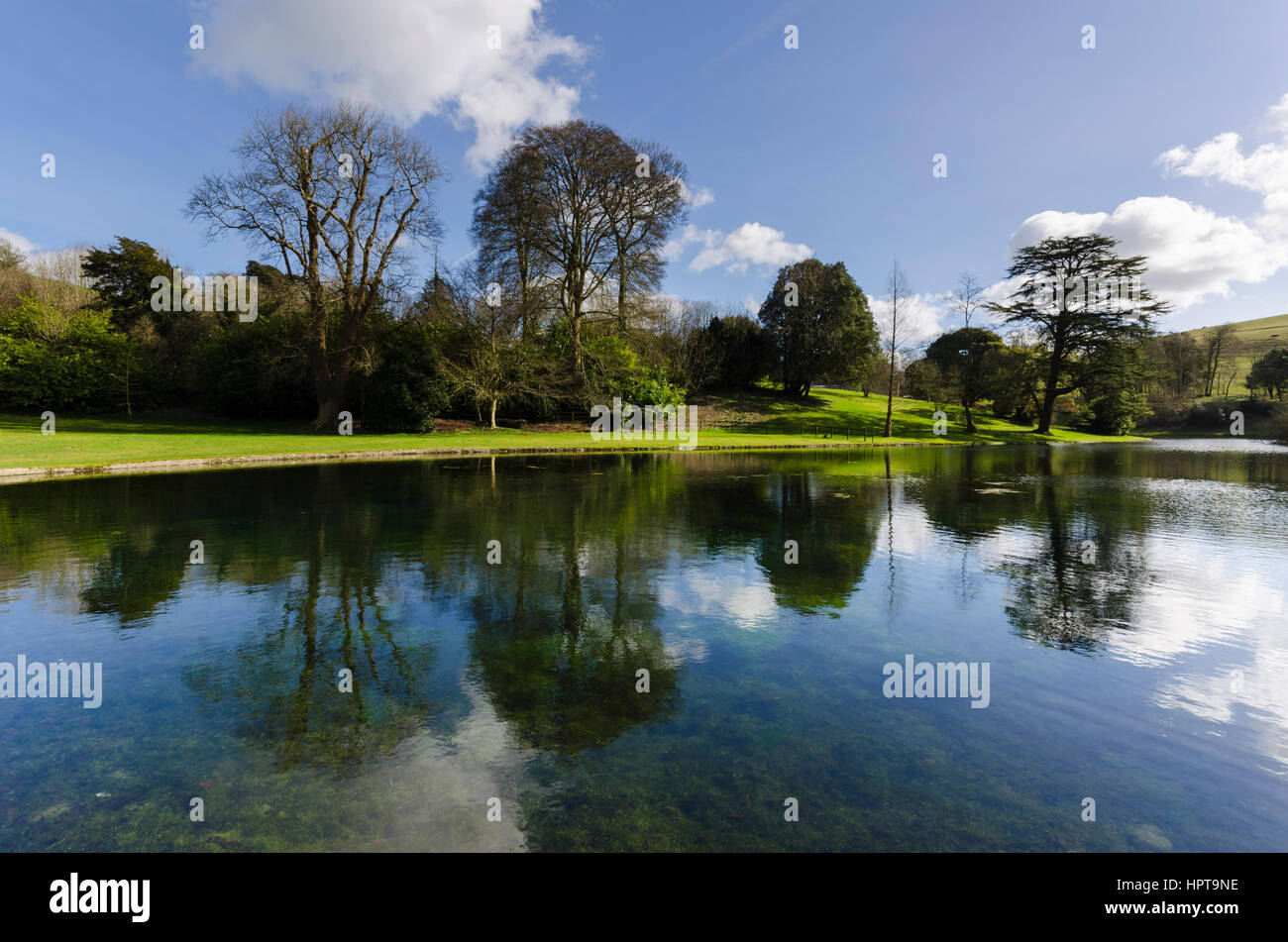 Littlebredy, Dorset, UK. 24th Feb, 2017. UK Weather. Glorious afternoon sunshine at the lake at Bridehead House Garden at Littlebredy in Dorset. Bridehead House Gardens at Littlebredy is the fictional location of Axehampton House which features in series 3 of the ITV hit series Broadchurch which returns to our screens on Monday 27th February. Credit: Graham Hunt/Alamy Live News Stock Photo