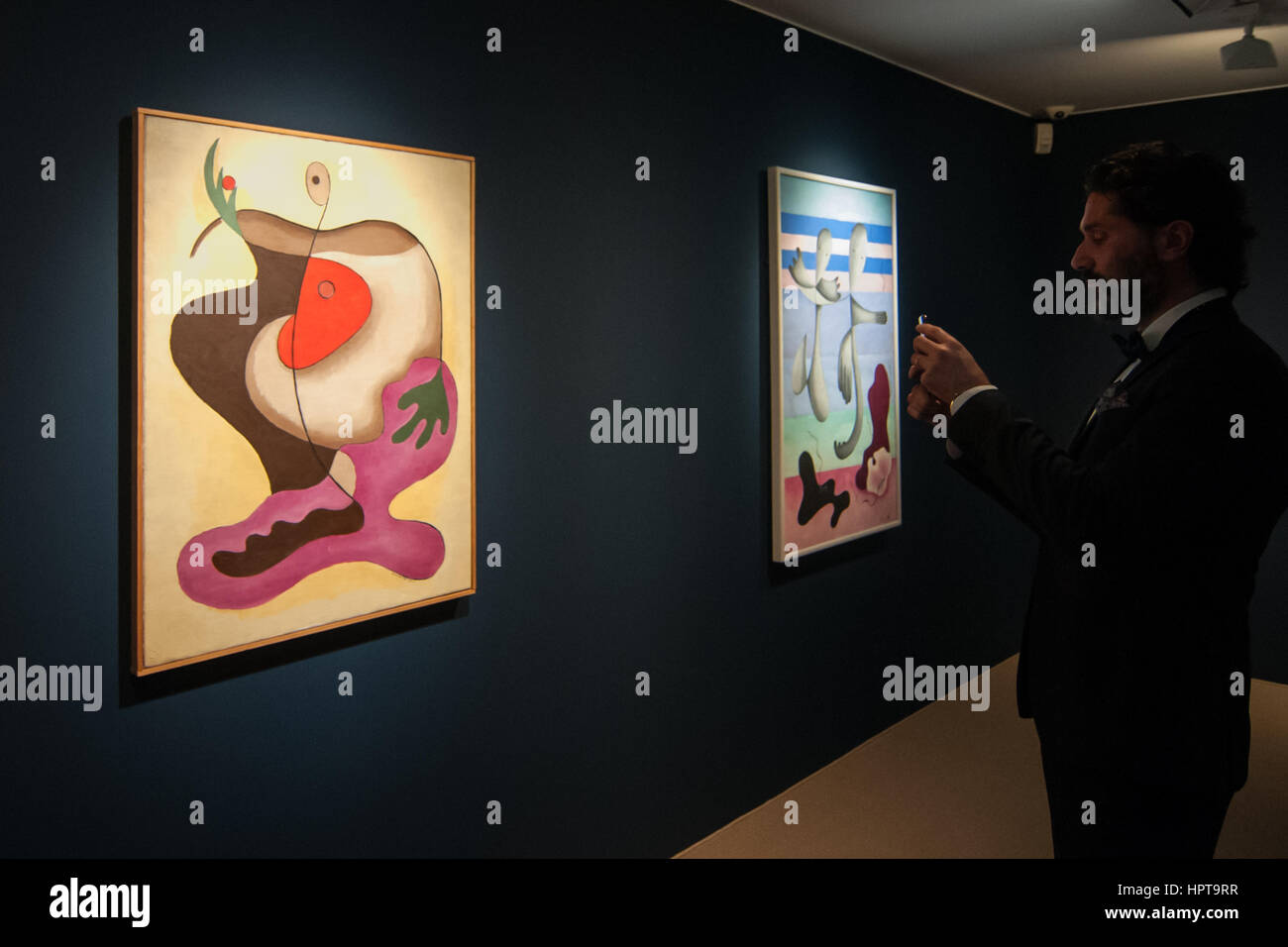 Venice, Italy. 24th Feb, 2017. A man attends at the press preview of 'Rita Kernn-Larsen, Surrealist paintings', that also open the new exhibition space at Peggy Guggenheim Collection in Venice, Italy. Credit: Simone Padovani/Awakening/Alamy Live News Stock Photo