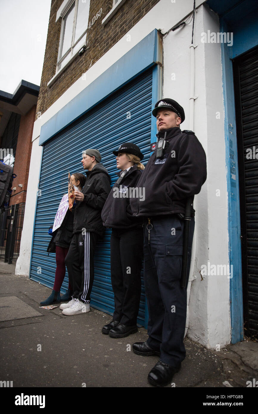 London, UK. 25th Feb, 2017. Police stand outside the LD50 art gallery in Dalston against the hosting of an exhibition featuring neo-nazi artwork and openly racist speakers. Credit: Mark Kerrison/Alamy Live News Stock Photo