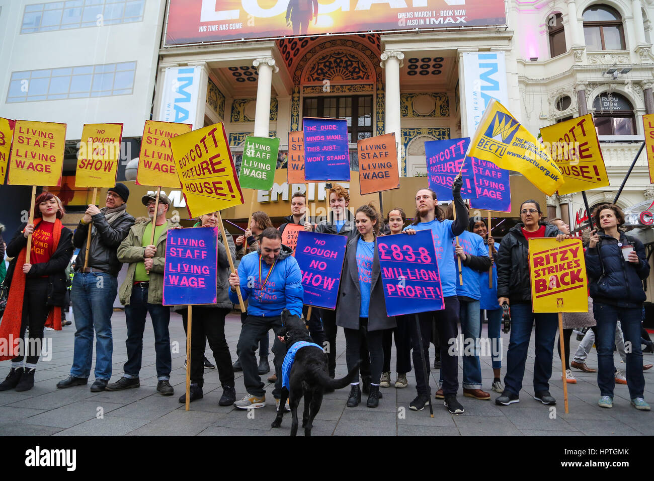 London, UK. 25th Feb, 2017. Empire Cinema, Leicester Square, London. UK 25 Feb 2017.   Empire Cinema Picturehouse workers walk out on strike and stage a protest with cinema workers and their supporters in Leicester Square, to demand they are all paid the London living wage. Credit: Dinendra Haria/Alamy Live News Stock Photo