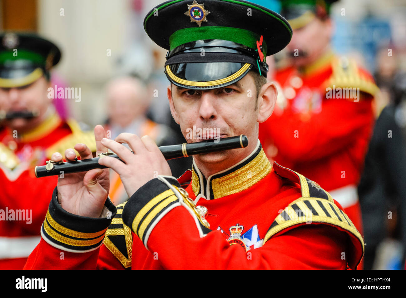 Belfast, Northern Ireland. 25 Feb 2017 Bandsmen play flutes during an Orange Order parade