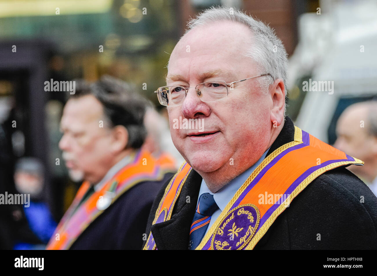 Belfast, Northern Ireland. 25 Feb 2017 - Grand Lodge Chaplain Rev. Mervyn Gibson takes part in an Orange Order parade. Stock Photo