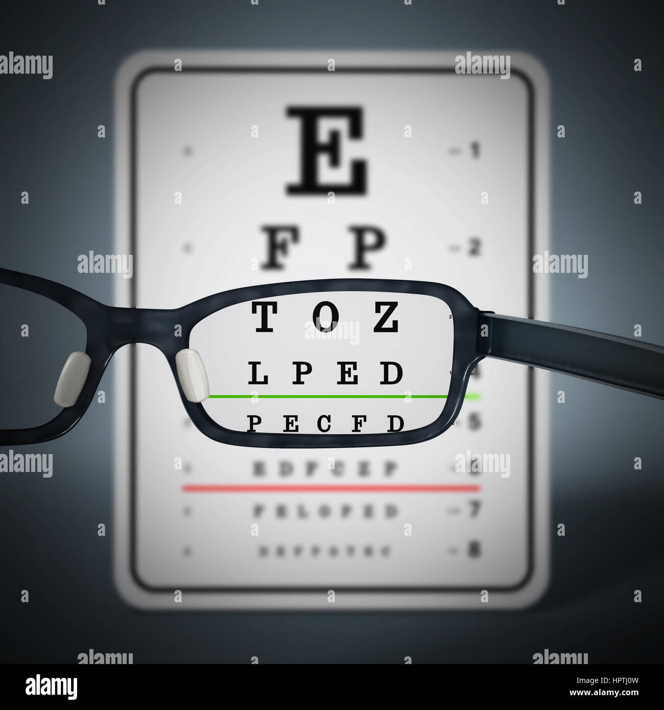 Eye test chart and eyeglasses. 3D illustration. Stock Photo