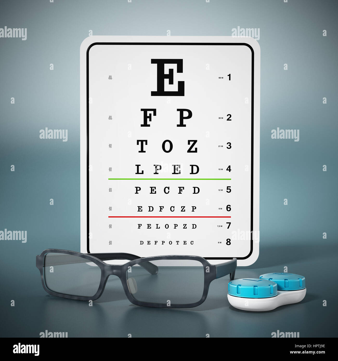 Eye test chart, eyeglasses and contact lens box. 3D illustration. Stock Photo