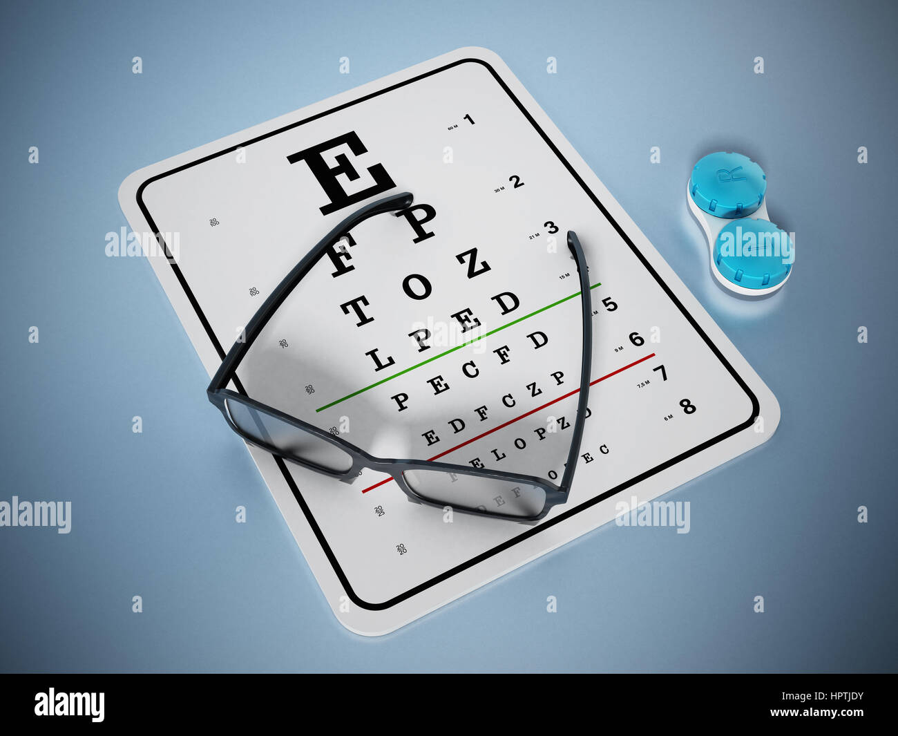 Eye test chart and eyeglasses. 3D illustration. Stock Photo