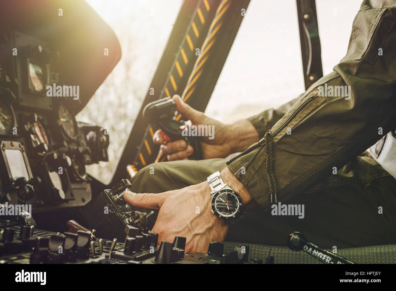 Close-up of pilot in cockpit of a helicopter Stock Photo