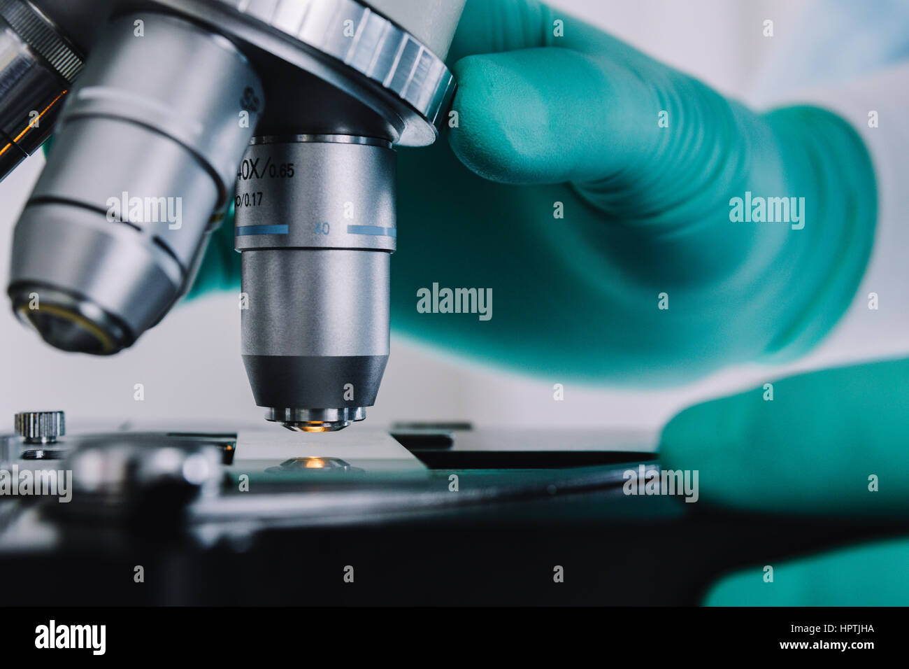 Close up view of scientist hands with gloves set the sample in the ...