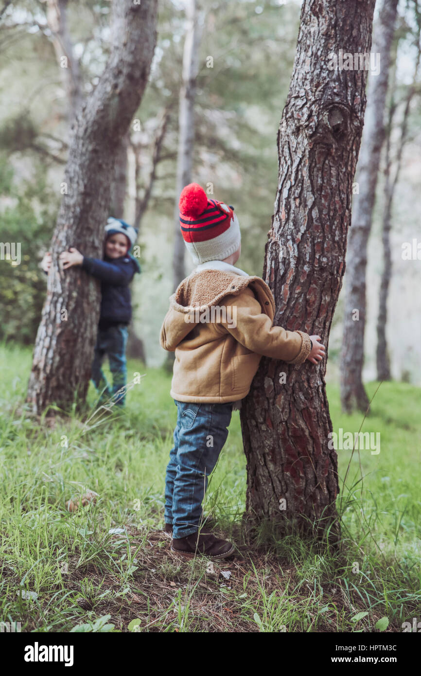Two boys playing in forest Stock Photo