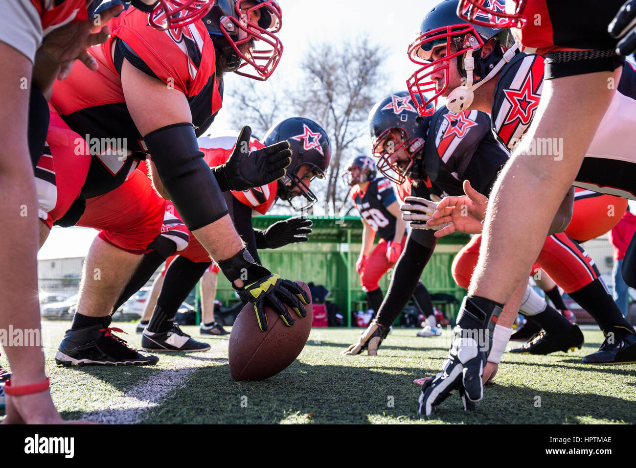 American football players on the line of scrimmage during a match Stock Photo Alamy