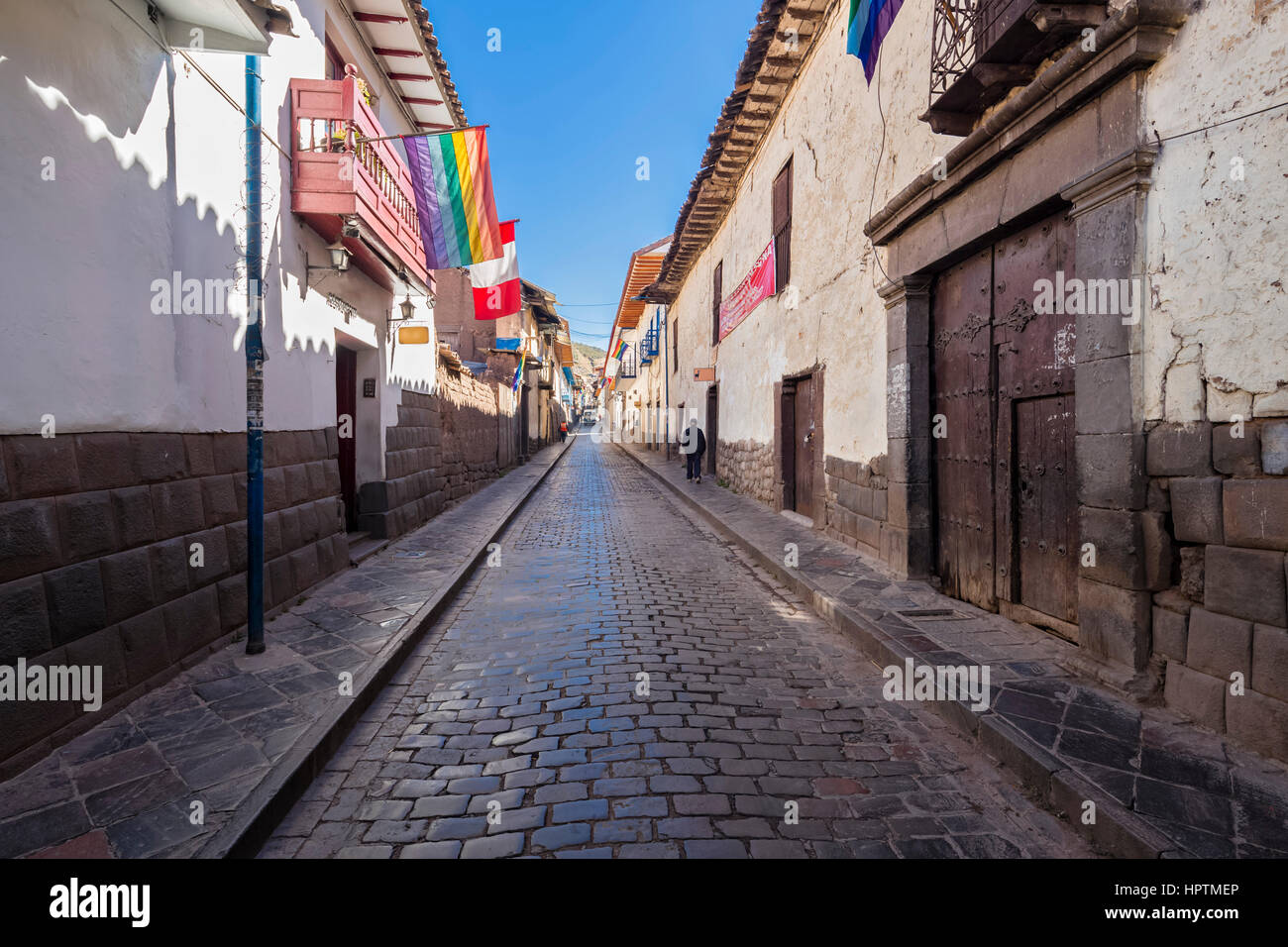 Peru, Cusco, road with cobblestones in the city Stock Photo