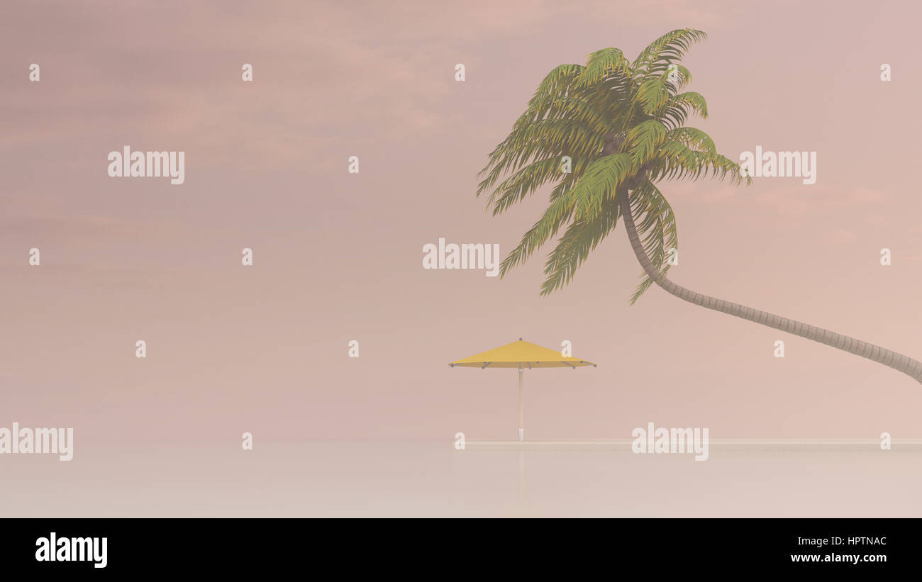 Coconut palm and sunshade in haze, 3D Rendering Stock Photo
