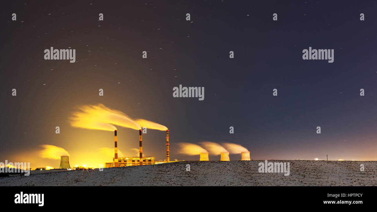 Power plant at night with thick smoke under the stars Stock Photo - Alamy