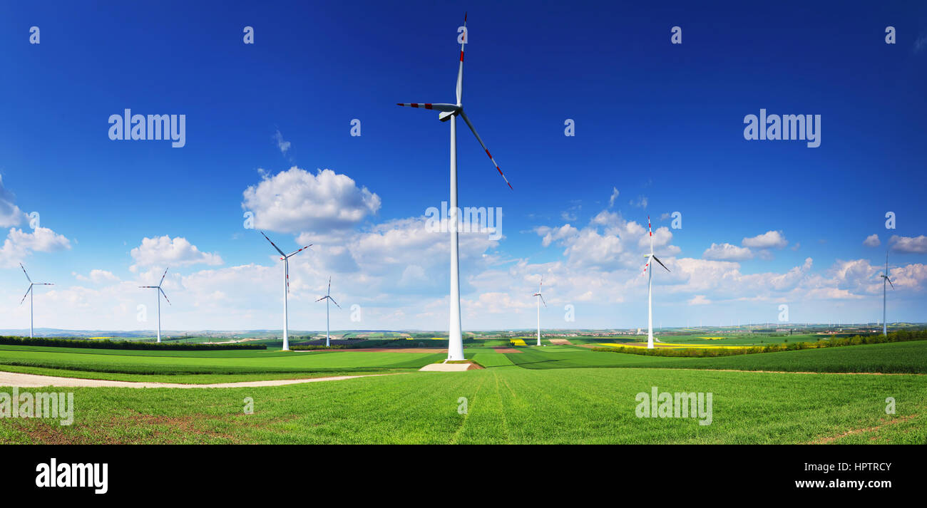 Wind turbines in front of blue sky and green grass Stock Photo - Alamy