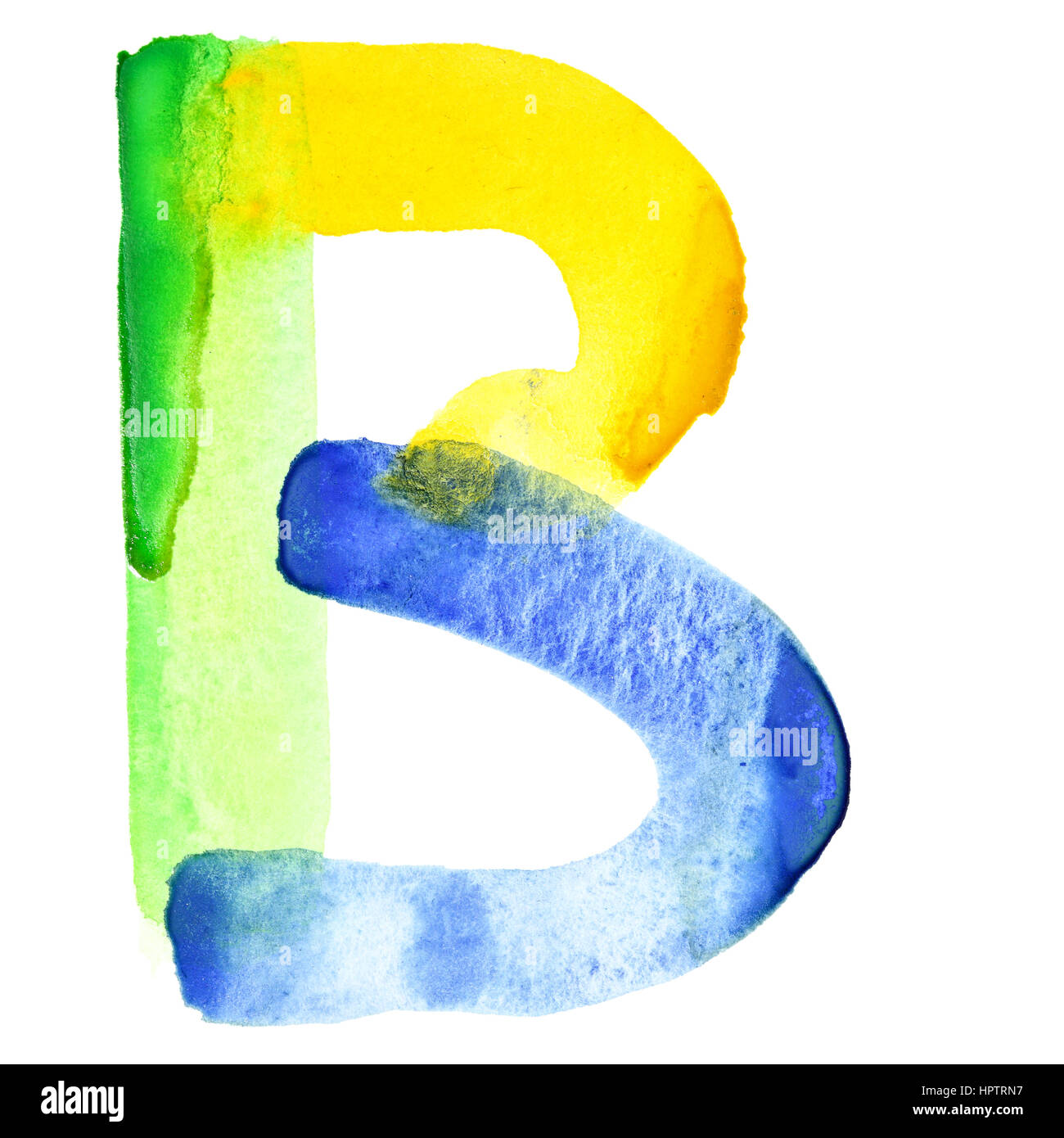 Letter B - Vivid watercolor alphabet. Colours resemble flag of Brazil Stock Photo
