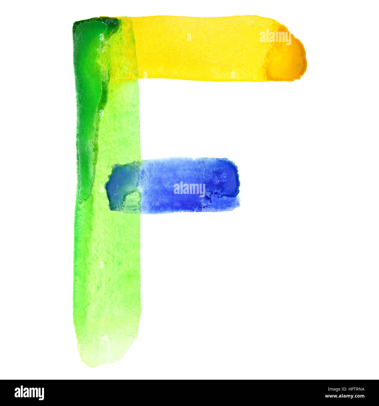 Letter F - Vivid watercolor alphabet. Colours resemble flag of Brazil Stock Photo