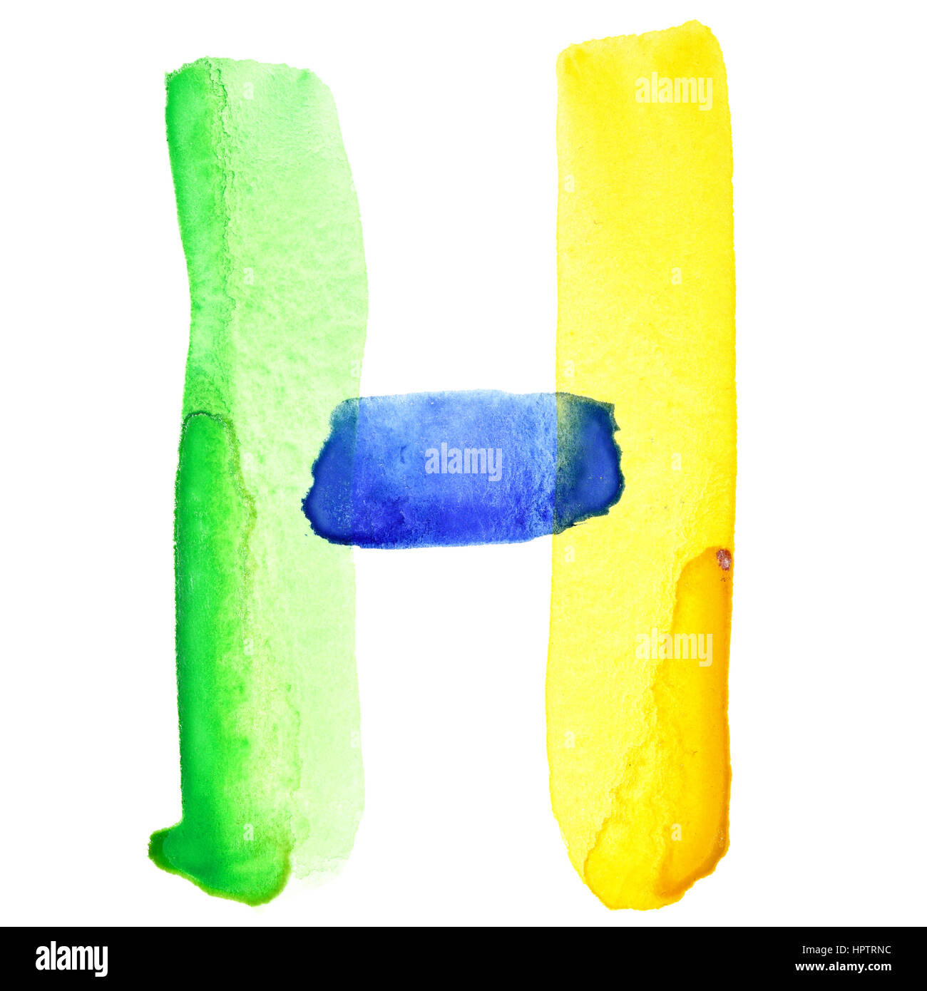 Letter H - Vivid watercolor alphabet. Colours resemble flag of Brazil Stock Photo