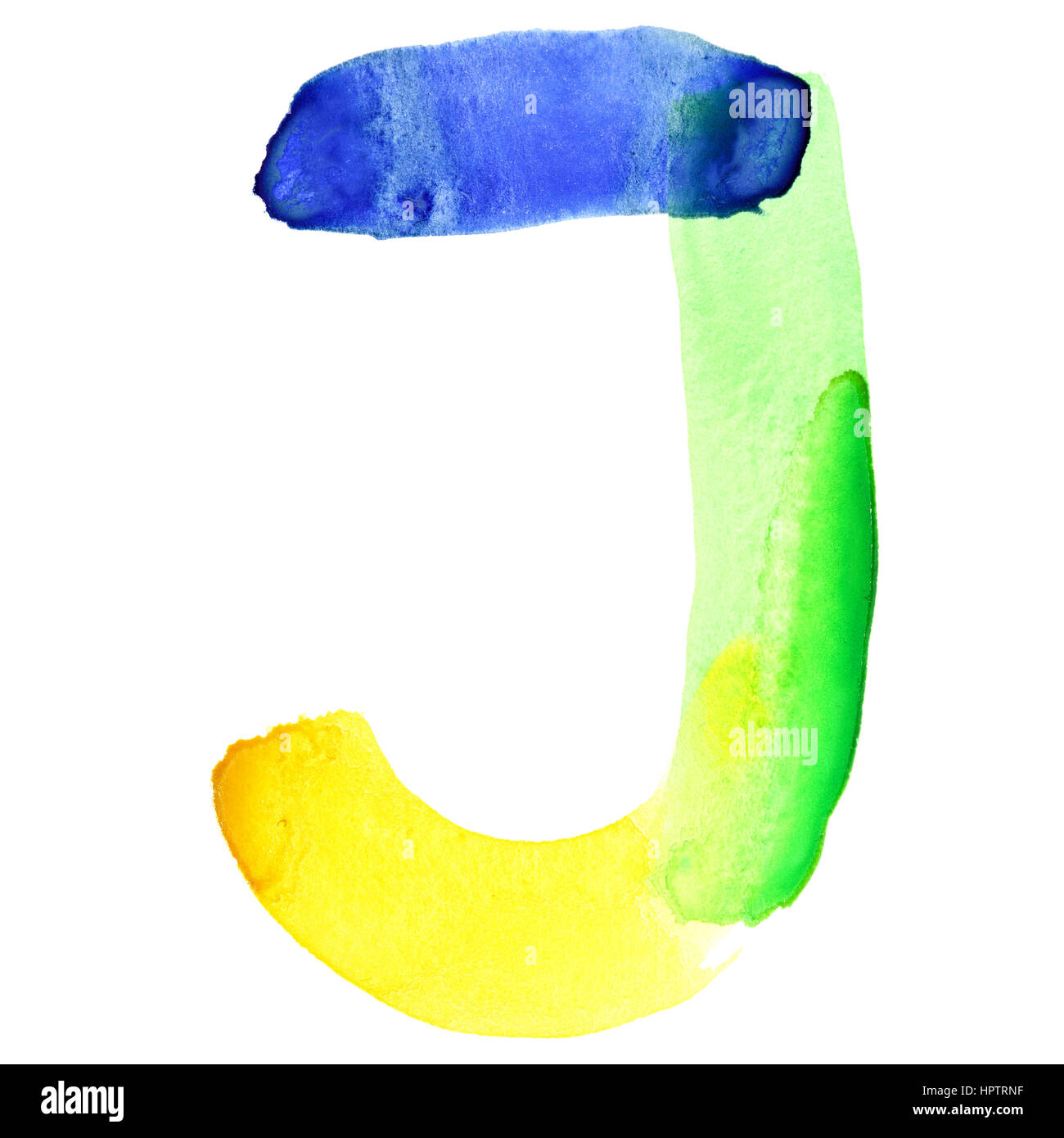 Letter J - Vivid watercolor alphabet. Colours resemble flag of Brazil Stock Photo