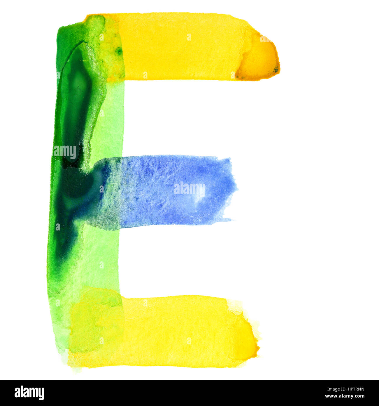 Letter E - Vivid watercolor alphabet. Colours resemble flag of Brazil Stock Photo