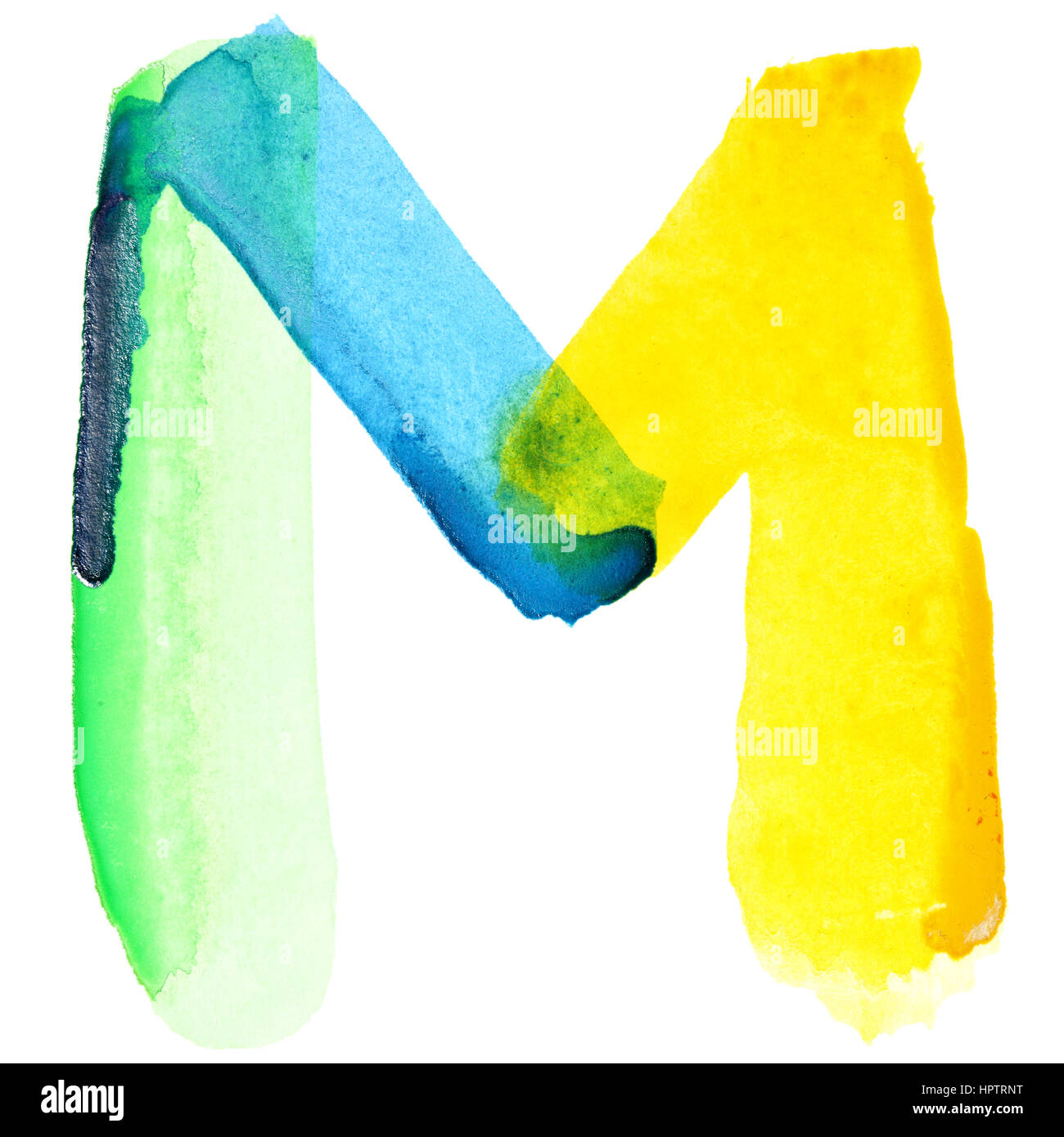 Letter M - Vivid watercolor alphabet. Colours resemble flag of Brazil Stock Photo