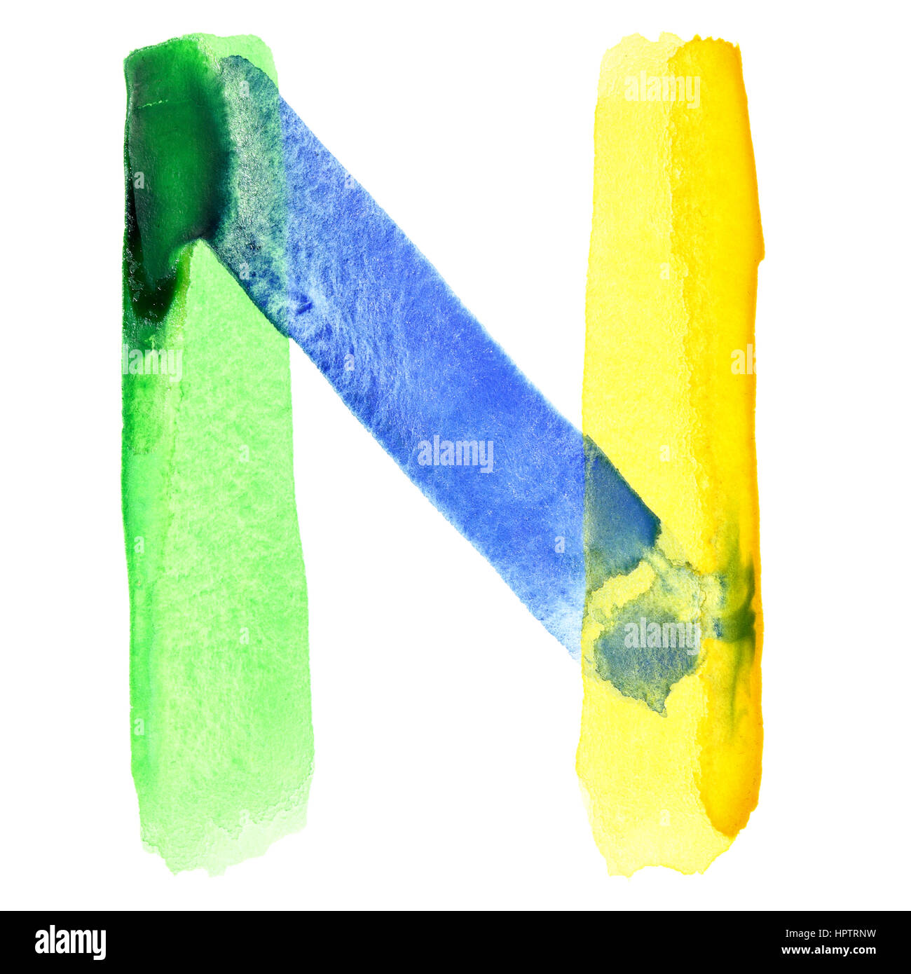 Letter N - Vivid watercolor alphabet. Colours resemble flag of Brazil Stock Photo